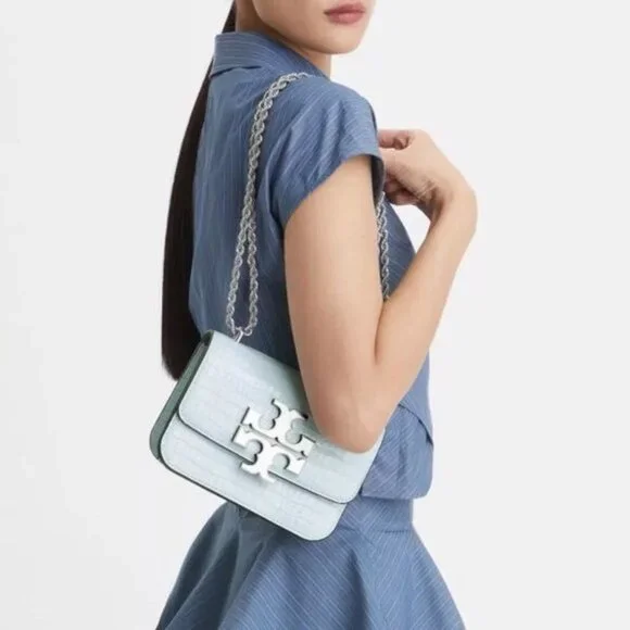 TORY BURCH ELEANOR SMALL Convertible Bag croc-embossed Blue Mist Leather - Picture 10 of 10